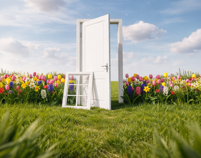 A white door stands open in a vibrant field of colorful tulips and daffodils under a blue sky with fluffy clouds, evoking a sense of wonder.