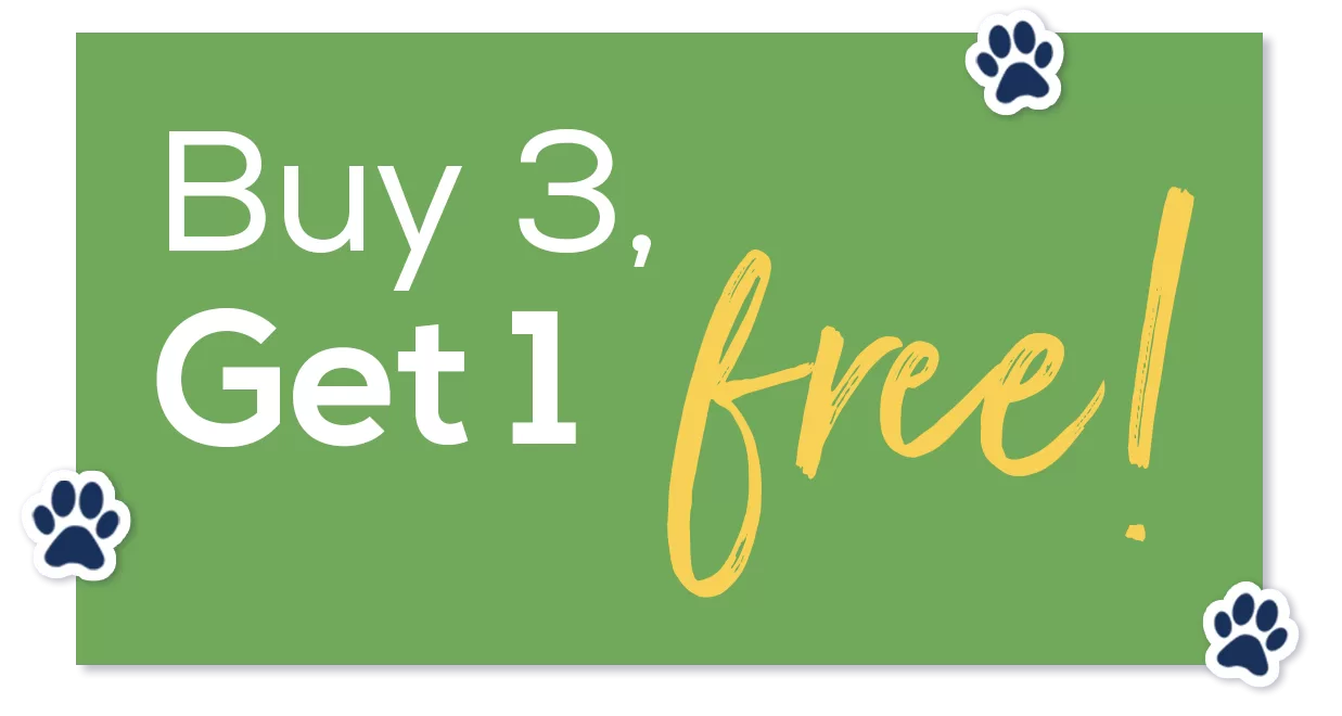 Green banner with "Buy 3, Get 1 free!" in white and yellow. Four blue paw prints adorn the corners, creating a playful and inviting tone.
