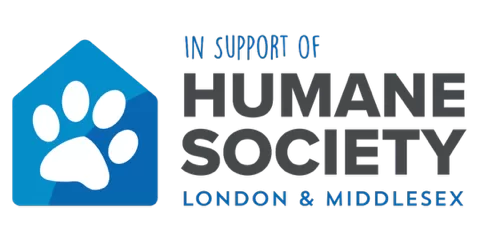 Blue and white paw print icon on a house-shaped background with text: "In support of Humane Society London & Middlesex" on a black background.